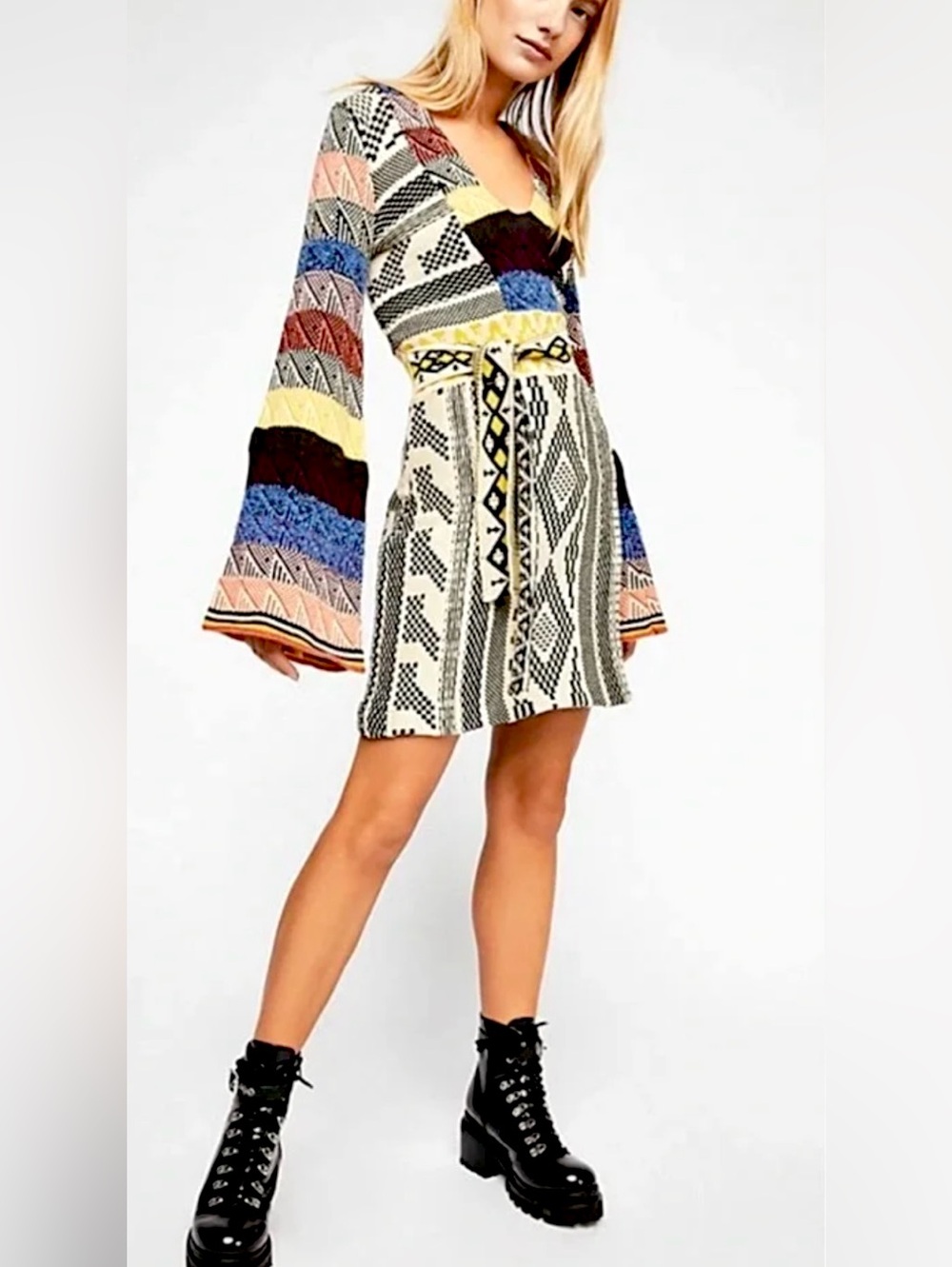Free People Patchwork Sweater Dress long sleeve knit mini dress NWT size S
